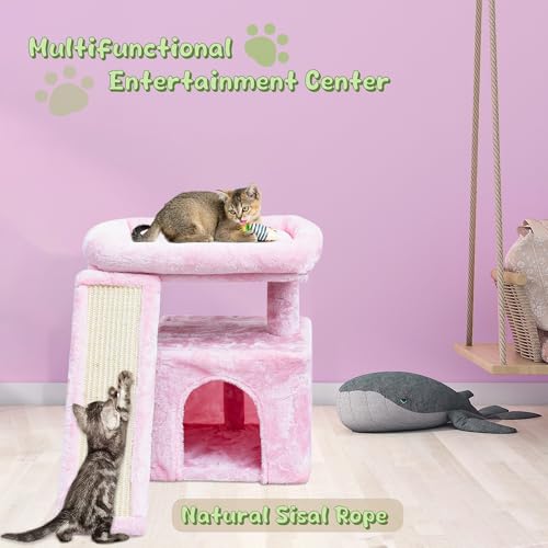 Small Pink Cat Tree for Indoor Cats, Cute Cat Tower with Perch, Condo, House and Stable Stand for Kittens & Adult Pets（Pink） - color: Pink