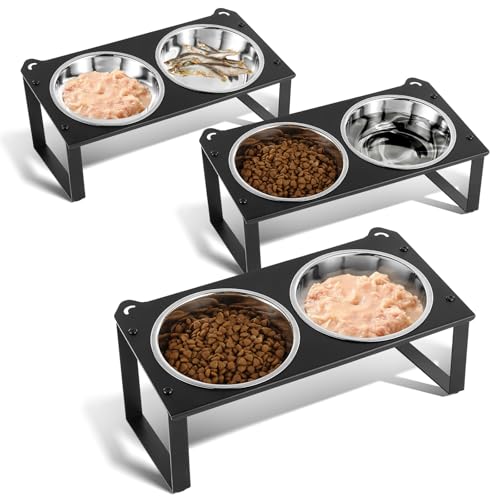 3 Set Elevated Cat Food Water Bowls, 6 Stainless Steel Bowls for Indoor Pet with Cute Metal Stand, 10° Tilted Anti-Vomiting Raised Wide Shallow Cat Dishes Whisker Friendly for Multiple Kitten,Puppy - color: Black- 3pack