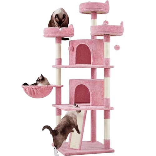 Yaheetech 68.5in Cat Tree for Large Cats, Multi-Level Cat Tower with 3 Wide Perches, Large Condo, Stable Pet Play House w/Sisal-Covered Scratching Posts & Board, Pink - color: Pink, size: 68.5in