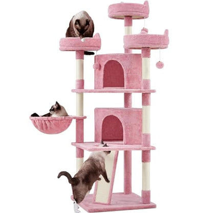 Yaheetech 68.5in Cat Tree for Large Cats, Multi-Level Cat Tower with 3 Wide Perches, Large Condo, Stable Pet Play House w/Sisal-Covered Scratching Posts & Board, Pink - color: Pink, size: 68.5in