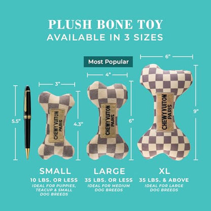 Haute Diggity Dog Chewy Vuiton Bone Plush Squeaky Dog Toy, Soft Durable Designer-Inspired Stuffed Puppy Chew Toys for Small & Medium Dogs, Machine-Washable (Tan Checker) Small - color: Brown Bone, size: Small