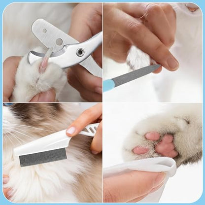 Pet Nail Clippers Kit for Cats and Dogs, Professional Grooming Set with Cat and Dog Nail Clippers, Nail File, Hairbrush, 10 Wet Wipes, Storage Case