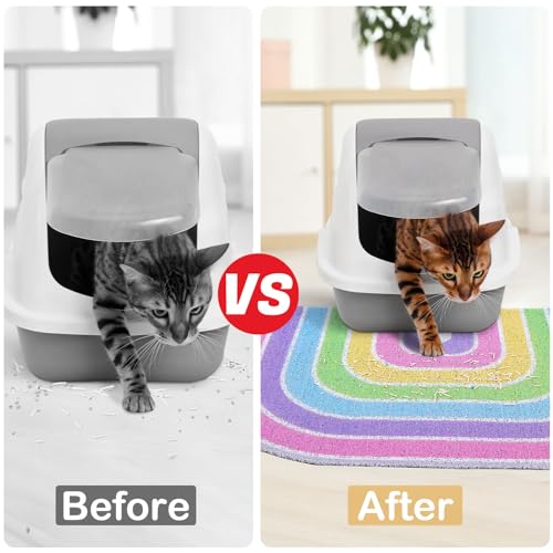 Cat Litter Mat Quality Litter Box Mat Large Non-Slip Cat Litter Mat Litter Trapping Mat Soft Kitty Litter Mat Compatible Two Litter Boxes Cat Products Easy to Clean,Pink,L - color: Pink Rainbow, size: L(33.5" x 22.4")