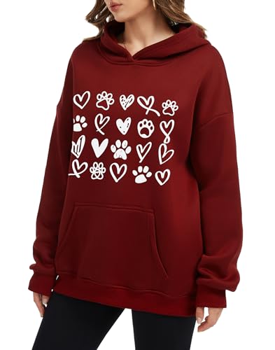 Womens Dog Paw Hoodie-Long Sleeve Pullover Fleece Lined Dog Mom Sweatshirts with Pocket - color: A-dark Red, size: X-Large