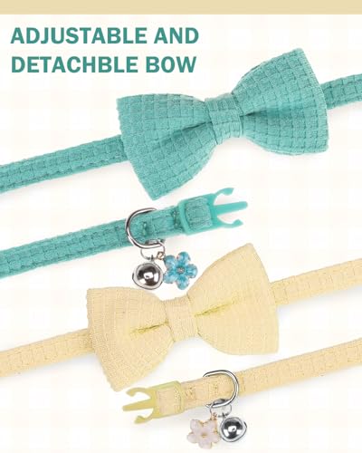 Cat Collar Breakaway with Bells, Soft Cotton Cat Bowtie Collar for Girl Boy Cats, Small Cats Collar with Bow for Spring Summer, 2 Pack Cute Kitten Collars with Removable Bowtie 8-12Inch - color: Green + Beige