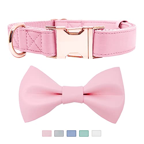 Soft Leather Bowtie Dog Collar - Adjustable Cute Bow Tie Collar [Easy to Clean] with Stylish Rose Gold Heavy Duty Metal Buckle for Small Medium Large Dogs Pink L - color: Pink, size: L(15.4"-24.8")
