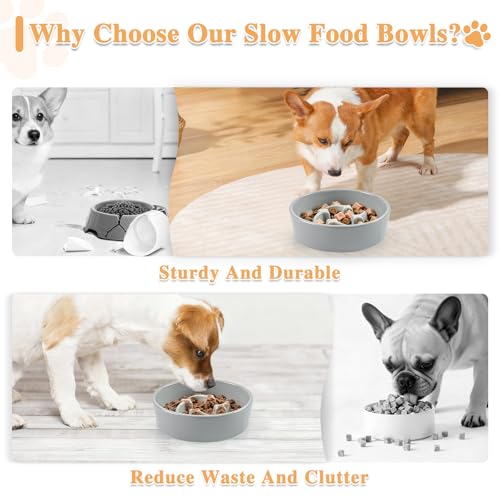 Ceramic Slow Feeder Dog Bowls, 1 Cups Dog Food Dish for Small and Medium Breed, Puzzle Dog Food Bowl for Fast Eater, 15OZ, 6.3 inch(Grey) - color: Grey-M