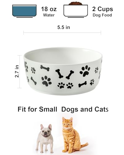 UBEE Ceramic Dog Bowl Set of 2, 5.5 inch Dog Food Bowl Dish with Bone Paw Pattern, Pet Food Water Dish Feeding Plates for Small Dogs, Puppy and Cat, White - color: White-dog paw, size: 5.5 inch x 2