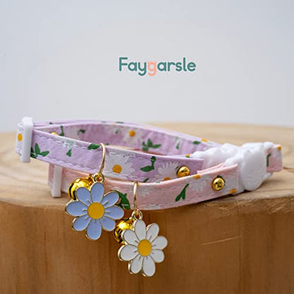2 Pack Cotton Breakaway Cat Collars with Bell Flower Pendant Kitty Kitten Collars Pink Purple Collar for Female Girl Cats Male Boy Cats - color: Pink&Purple