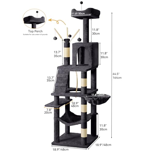 YITAHOME 64.5" Cat Tree, Multi-Level Cat House, Large Cat Condo Furniture with Perch Hammock, Scratching Posts and Dangling Balls for Kittens, Cats and Pets,Dark Gray - color: Dark Gray, size: 64.5inch