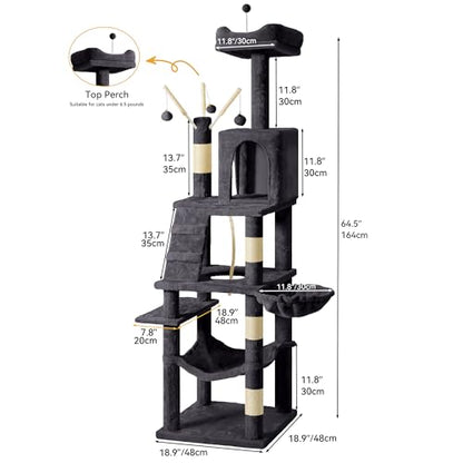 YITAHOME 64.5" Cat Tree, Multi-Level Cat House, Large Cat Condo Furniture with Perch Hammock, Scratching Posts and Dangling Balls for Kittens, Cats and Pets,Dark Gray - color: Dark Gray, size: 64.5inch