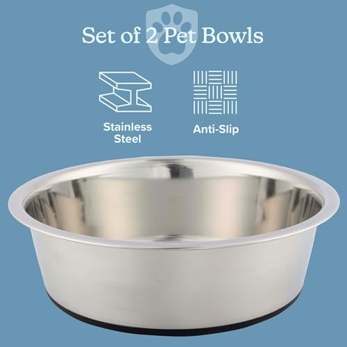 Set of 2 Stainless Steel Dog Bowls - 64oz/8 Cups Food and Water Bowls for Dogs and Cats - Non Slip Metal Pet Dishes for Medium to Large Sized Pets - Puppy Essentials by PETMAKER - size: 64 oz