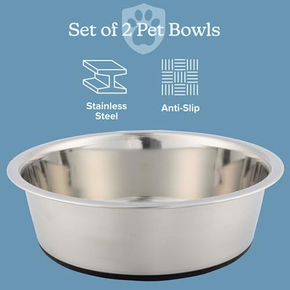 Set of 2 Stainless Steel Dog Bowls - 64oz/8 Cups Food and Water Bowls for Dogs and Cats - Non Slip Metal Pet Dishes for Medium to Large Sized Pets - Puppy Essentials by PETMAKER - size: 64 oz