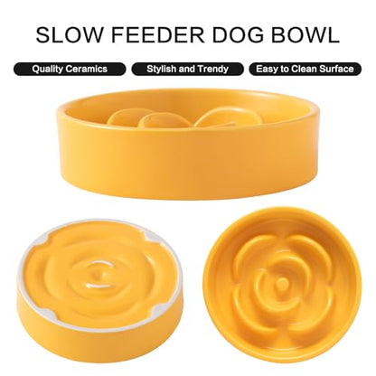 6'' Ceramic Slow Feeder Dog Bowls - Petal Shape Modern Dog Food Dish for Cats and Small Breed Dogs, Puzzle Maze Bowl to Slow Down Eating, Anti-Gulping, Dishwasher & Microwave Safe, Yellow - color: Yellow, size: 6 inch