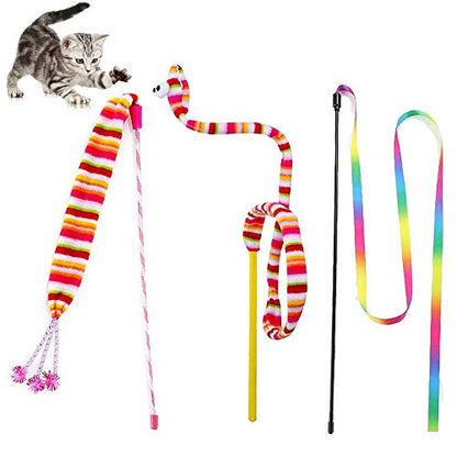 KABASI Cat Wand Rainbow Toy, 3 Styles Funny Interactive Cat Toys, Cuddly Stuffed Snake Toy on Stick with Bell, Colorful Sounding Toys, Rainbow Ribbon Wand for Kittens Training