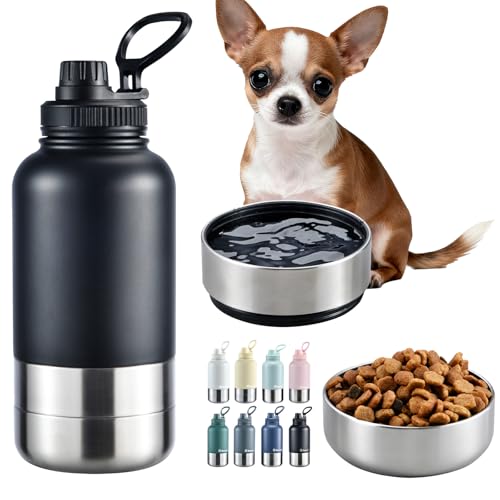 Cibaabo Insulated Dog Water Bottle with 2 Bowls, 32oz Travel Stainless Steel Double Wall Thermos, Portable Pet Dispenser, Gifts for Puppy Small Medium Dogs Walking Hiking and Camping - color: Matte Black