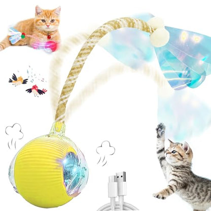 Valentines Day Gifts Speedy 2.0 Tail Interactive Cat Toys for Indoor Cats, Automatic Cat Toy with Elastic Mesh Tail, Electric Rolling Ball on Carpet, Chirping and Motion Activate Cat - color: Yellow