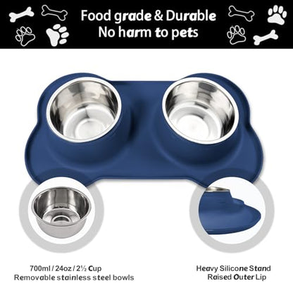 Dog Food Bowls Stainless Steel Dog Food & Water Bowl Set with No Spill No Slip Silicone Mat, Dog Dishes for Small Medium Size Dogs Pet Cat Puppy Food Feeding Bowls, Blue, 24oz, 3 Cup - color: BLUE, size: 3 Cup/27 oz each