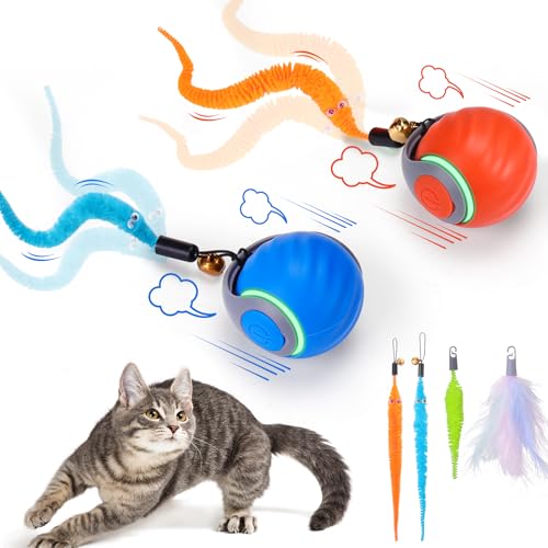 BABORUI 2Pack Interactive Cat Toy Ball - Automatic Interactive Cat Toys for Indoor Cats with 3 Tails, 2 Speeds Rechargeable Enrichment for Small/Medium/Large to Keep Them Busy - color: Blue+Orange
