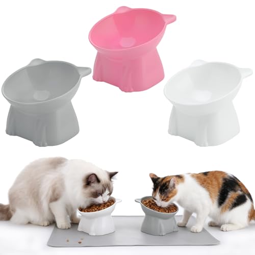 Elevated Cat Bowls 15° Raised Cat Bowl with Silicone Mat Whisker Friendly Anti Vomiting Cats Elevated Food and Water Bowls for Indoor Cats Kittens, Multicolor - color: Pink, Grey, White