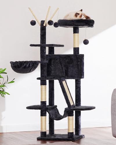 Hey-brother Cat Tree, 53 inch Cat Tower for Indoor Cats, Cat House with Padded Platform Bed, Toy Balls, Large Cozy Condo, Hammocks and Sisal Scratching Posts, Smoky Gray MPJ019-SG - color: Smoky Gray