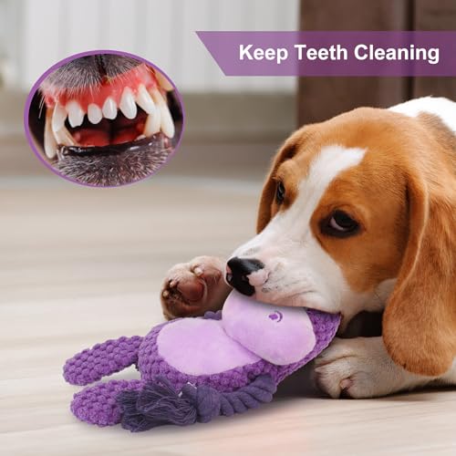 Dog Toys, Dog Squeaker Toys with Crinkle Paper, Stuffed Animal Dog Plush Chewing Toy, Cotton Rope Interactive Toys for Puppy, Small, Middle Dogs (Purple Hippo) - color: Purple