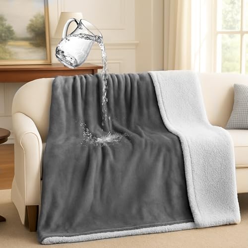 Waterproof Dog Blanket for Couch & Bed, Reversible Sherpa Fleece Pet Throw with Quiet TPU Barrier, Machine Washable Furniture Protector for Large Dogs & Cats, Throw Size 50x60 Inch, Gray - color: Gery, size: Throw(50"*60")