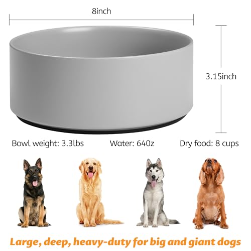 Large Dog Bowls, Non Slip Heavy Ceramic Dog Food and Water Bowl with Silicone Base, 8" Pet Feeding Bowl for Small, Medium, and Big Dogs (Grey, 8 Inches) - color: Grey, size: 8 Inches
