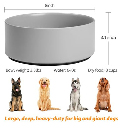 Large Dog Bowls, Non Slip Heavy Ceramic Dog Food and Water Bowl with Silicone Base, 8" Pet Feeding Bowl for Small, Medium, and Big Dogs (Grey, 8 Inches) - color: Grey, size: 8 Inches