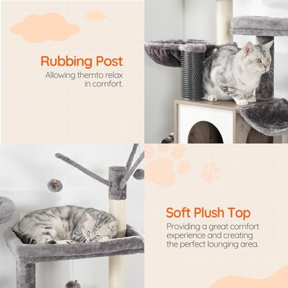 HOOBRO Large Hidden Litter Box, Cat Tree with 30.7'' Long Litter Box Enclosure, Modern Cat Tower, Cat Condos with Scratching Posts, Rubbing Post, Hammock and Teaser Sticks, Greige BG28MZ03G1