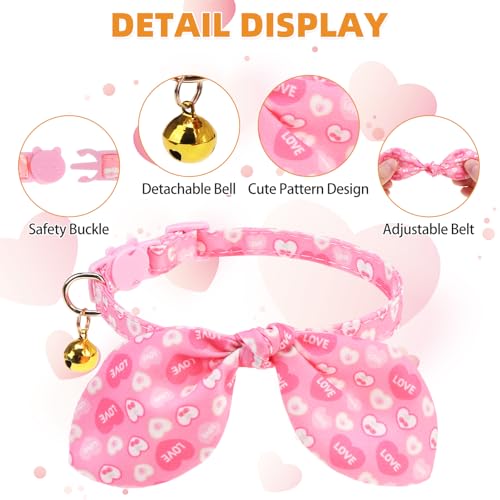 KOOLTAIL Girl Cat Collar Breakaway with Bowtie and Bells, 2 Pack Cute Kitten Collars, Pink Heart & Strawberry Design with Safety Buckle Adjustable for Small Large Girl Cats - color: Heart & Strawberry