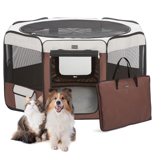 DONORO Dog Playpen 55" Portable Pet Play Pens for Medium Large Dogs, Foldable Exercise Kennel Tent Crate Indoor/Outdoor Travel Camping, Removable Top/Bottom (55"x55"x30"), 8 - color: Brown, size: Extra Large (55"x55"x30")