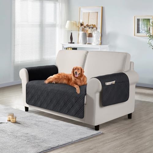 TAOCOCO Waterproof Loveseat Covers for Pets Dogs with Non Slip Backing, Sofa Seat Covers with Side Pocket for 2 Cushion Couch Washable Dog Couch Cover Protector Sofa Slipcovers(Loveseat, Black) - color: Black, size: Loveseat(Seat Width: 47.2'')