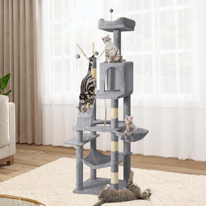 YITAHOME 64.5" Cat Tree, Multi-Level Cat House, Large Cat Condo Furniture with Perch Hammock, Scratching Posts and Dangling Balls for Kittens, Cats and Pets, Light Gray - color: Light Gray, size: 64.5inch