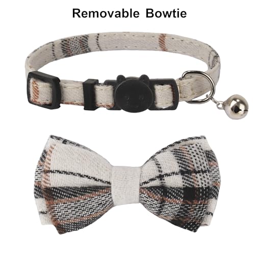 ADOGGYGO Plaid Cat Collars Breakaway with Bow Bell, Removable Bowtie, 2 Pack Beige Blue Plaid Kitten Bow Collar for Cats Kittens - color: Beige&Blue-1