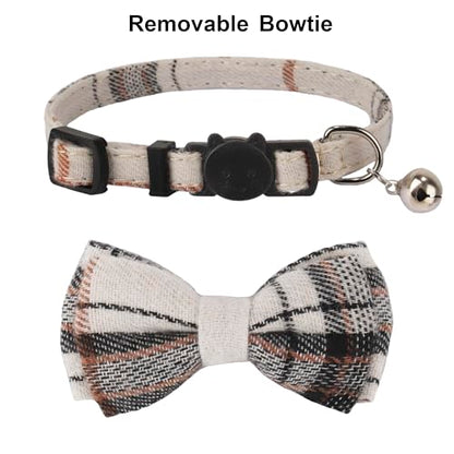 ADOGGYGO Plaid Cat Collars Breakaway with Bow Bell, Removable Bowtie, 2 Pack Beige Blue Plaid Kitten Bow Collar for Cats Kittens - color: Beige&Blue-1