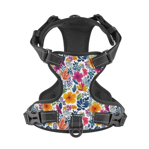 Watercolor Summer Spring Flowers Reflective Dog Harness No Pull Soft Vest Harness for Small Medium Large Dog Puppy Pets (X-Large Size) - color: Watercolor Summer Spring Flowers, size: X-Large