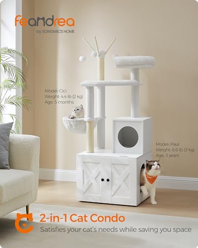 Feandrea Cat Tree with Litter Box Enclosure, 59-Inch Modern Cat Tower, 2-in-1 Condo with Scratching Posts, Washable Removable Cushion, Cloud White UPCT113W01 - color: Cloud White