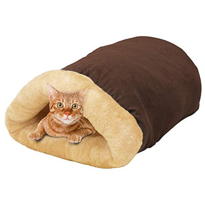 4 in 1 Self Warming Burrow Cat Bed, Pet Hideway Sleeping Cuddle Cave (Brown) - color: Brown