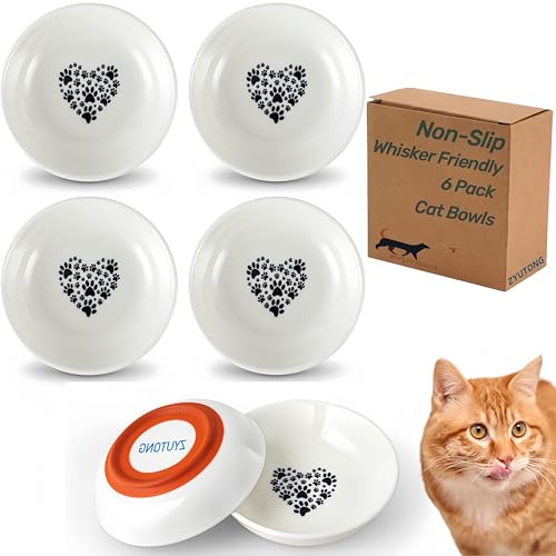 Whisker Friendly Cat Bowls 6 Pack – Non-Slip Ceramic Cat Food Bowls, Shallow Wide Design to Reduce Whisker Fatigue, Dishwasher & Microwave Safe, Heart Pattern - color: 6 Packs