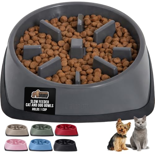 GORILLA GRIP® Patented BPA Free Slow Feeder Dog Bowls, Interactive Puzzle Toy for Dogs and Cats Food Training Enrichment, Keeps Pets Busy and Prevents Puppy Overeating, Small Breeds, 1 Cup, Gray - color: Gray, size: 1 Cup