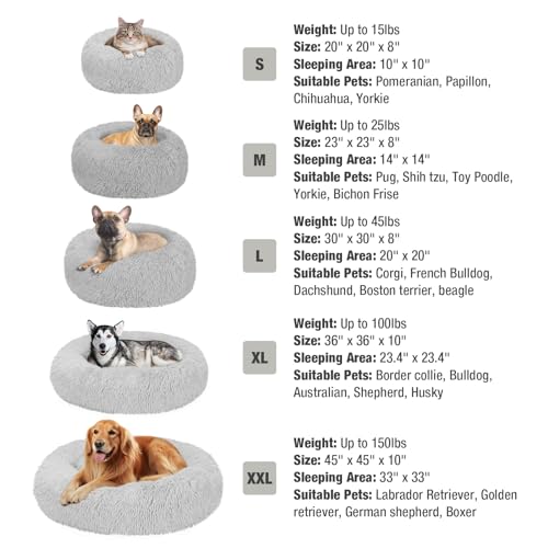 Veehoo Calming Donut Cat Bed for Small Cats Dogs-Round Small Cat Dog Bed, Anti Anxiety Fluffy Faux Plush Cuddler Washable Puppy Bed, Warming Soft Cushion Pet Bed Fits up to 15 lbs Pet, 20", Light Grey