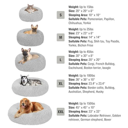 Veehoo Calming Donut Cat Bed for Small Cats Dogs-Round Small Cat Dog Bed, Anti Anxiety Fluffy Faux Plush Cuddler Washable Puppy Bed, Warming Soft Cushion Pet Bed Fits up to 15 lbs Pet, 20", Light Grey