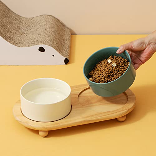 Havniva Raised Cat Bowls Water Bowl 5.1” Elevated Ceramic Cat Food and Water Bowl Whisker Friendly Pet Food Bowls for Indoor Cats, Wide Cat Water Dish Prevent Whisker Fatigue Non Slip Cat Feeder - color: 2 x Bowl + Stand - Dark Green