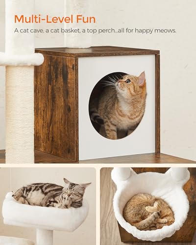 Feandrea Cat Tree with Litter Box Enclosure, 59-Inch Modern Cat Tower, 2-in-1 Condo with Scratching Posts, Washable Removable Cushion, Rustic Brown UPCT113X01 - color: Rustic Brown