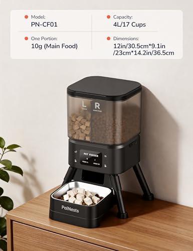 Automatic Cat Feeder, 4L Dual Hopper Smart WiFi Pet Food Dispenser with 2.4G/5G App Control, Custom Schedule, Portion Control, Freshness Lock for Dry Food and Treats, Black