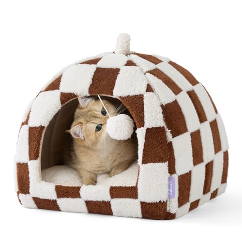Lesure Cute Cat Beds for Indoor Cats - 2 in 1 Cat Cave Bed for Kittens and Small Pets, House with Removable Washable Cushioned Pillow, Cozy Tent House with Non-Slip Bottom, Brown, 16 inches - color: Brown, size: 16"L x 16"W x 16"Th