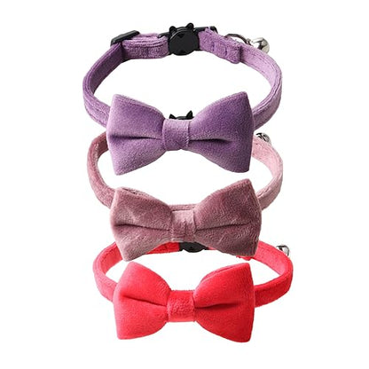 Love Dream Cat Collar Breakaway with Bow Tie and Bells - 3 Pack Velvet Girl Boy Kitty Safety Kitten Collars with Removable Bowtie for Cats Kittens, Red & Pink & Purple - color: Red & Pink & Purple