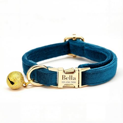 Custom Cat Collar with Bells Personalized Small Cat Collar Engraved Name & Phone Number with Secure Metal Quick-Release Buckle Adjustable (Peacock Blue) - color: Peacock Blue