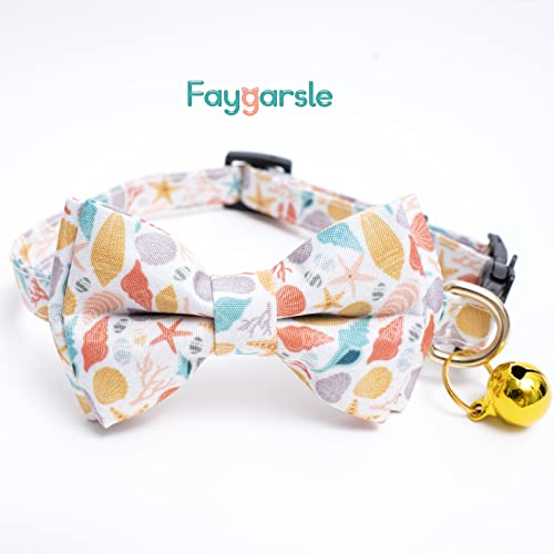 Faygarsle 2 Pack Cotton Designer Breakaway Cats Collar with Bow Tie and Bell Marine Theme Cat Collars for Girl Female Boy Male Cat Collar with Bell Fish Collars for Cats Collar Shell Pattern - color: Fish&Shell